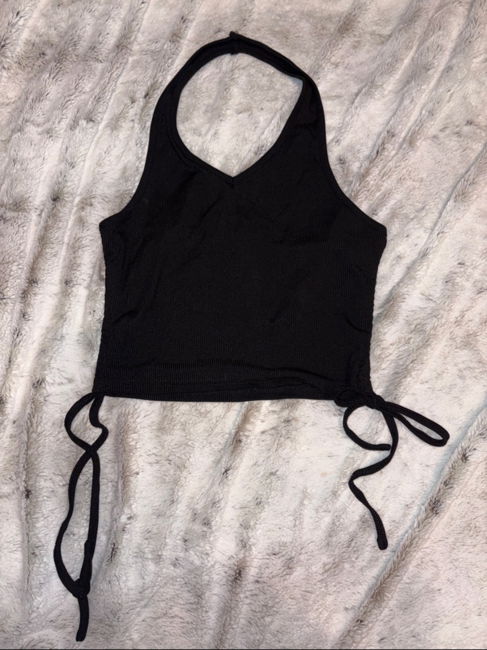 ROMWE Black Ribbed Halter Tie Crop Top